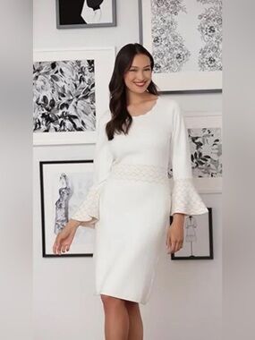 NWT London Times Ivory Contrast Stitch Bell Sleeve Knit Sheath Dress Sz L